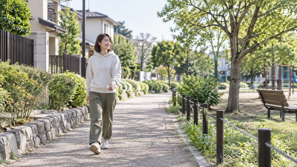 公園をウォーキングする女性の様子